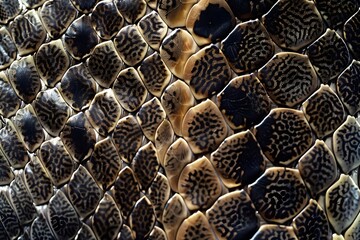 snake skin with intricate diamond-shaped patterns in a mix of beige, black, and brown tones.