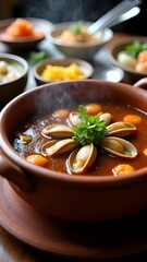 Steaming seafood stew with clams, vegetables, and herbs, served in a rustic terracotta bowl, offering a hearty and flavorful dining experience.