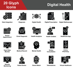 Digital Health Icon Set Collection. Containing Data Integration, Diagnosis, Digital Prescription, Digital Stethoscope, Doctor Appointment, Health Analytics. Simple Glyph Vector Illustration.