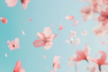 The cherry blossoms are falling softly. 桜がふわふわ舞い降りる. pink cherry blossom , full bloom, sakura	