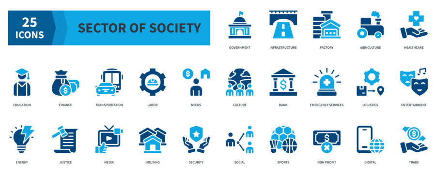 Sector Of Society  Icon Collection Set. Containing  government, infrastructure, factory, agriculture, healthcare, education, transportation Icon. Simple Flat Vector. Blue Color Style