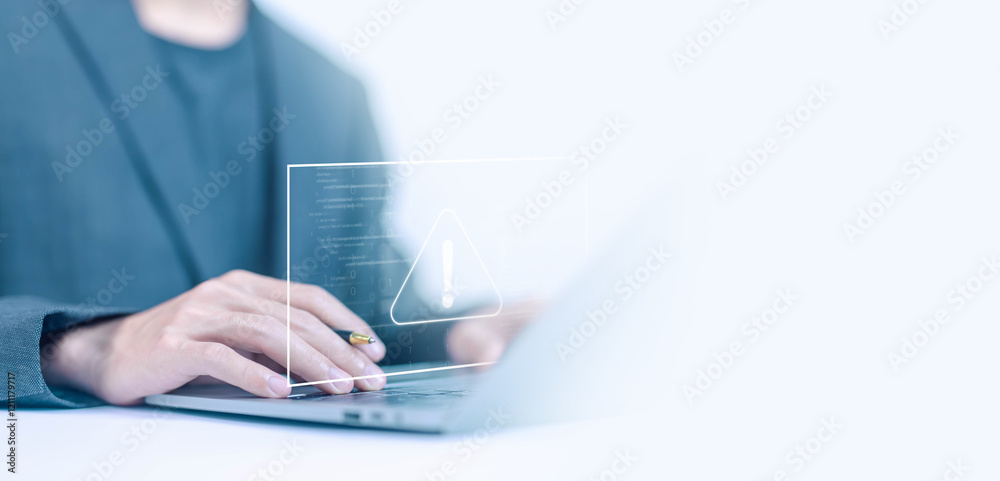 Wall mural caution of spam in website digital technology, error 404 alerts on a laptop. concept of warning symb