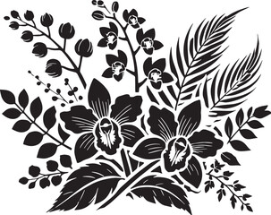 Black Color Orchids Silhouette Vector Illustration, Solid White Background. minimal vector design