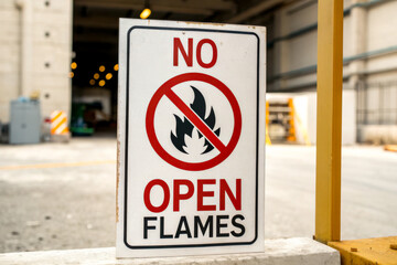 A sign indicating prohibition of open flames, featuring a graphic of a flame crossed out, emphasizing safety in the area.