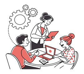 One line art group business team meeting and working collaboration in office workplace concept. flat vector illustration set cartoon character design concept,