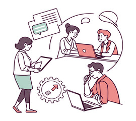 One line art group business team meeting and working collaboration in office workplace concept. flat vector illustration set cartoon character design concept,