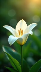 Obraz premium White lily petals unfolding in the morning dew, garden scene, flowers, white flowers