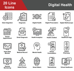 Digital Health Icon Set Collection. Containing Data Integration, Diagnosis, Digital Prescription, Digital Stethoscope, Doctor Appointment, Health Analytics. Simple Line Vector Illustration.