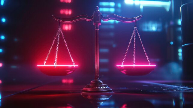 A sleek, digital scale of justice illuminated by neon lights, set against a dark, high-tech background.