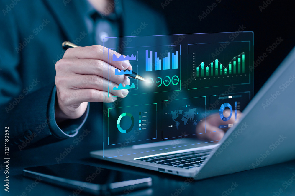 Aufkleber analyst manages the system database reports, analytics business. analyzes data plans and shows a dashboard chart on the computer. concept of research on platform digital technology, analytics business
