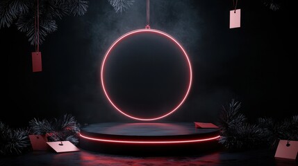 Black Circular Stage Illuminated by Neon Lights for Display Purposes