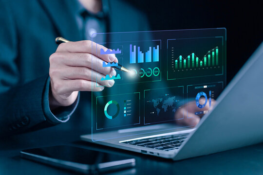 analyst manages the system database reports, analytics business. analyzes data plans and shows a dashboard chart on the computer. concept of research on platform digital technology, analytics business