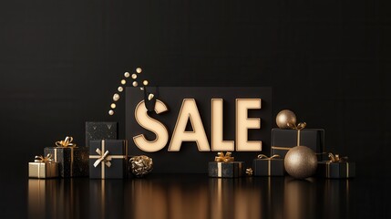 Striking Black Podium Under Spotlight with Sale Decor and Gifts