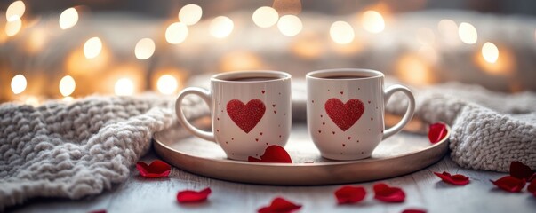 Cozy Valentine's Day: Two mugs with hearts, warm lights and rose petals