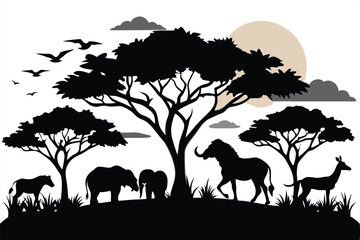 African safari animals and trees in silhouettes scene