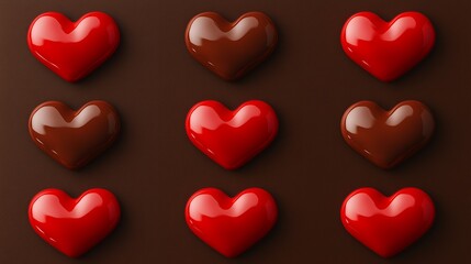 chocolate and red heart candies arranged in valentine pattern on brown background