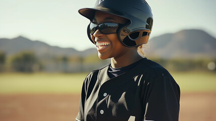Smiling baseball player wearing helmet and sunglasses on field