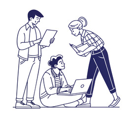 Fototapeta premium One line art group business team meeting and working collaboration in office workplace concept. flat vector illustration set cartoon character design concept,