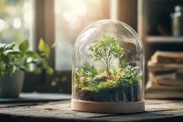 A miniature forest enclosed in a glass dome, illuminated by sunlight.