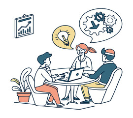 One line art group business team meeting and working collaboration in office workplace concept. flat vector illustration set cartoon character design concept,
