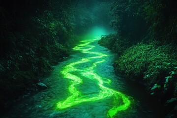Glowing Green Stream Flows Through Dark Lush Forest