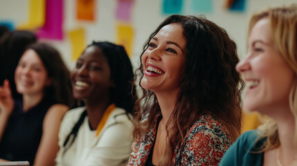 Obraz premium Happy businesswomen laughing during a creative meeting in the office