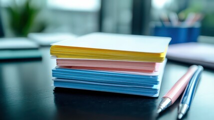 A stack of flashcards for studying, neatly color-coded with pens beside them.