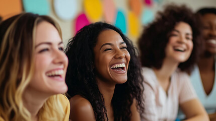 Obraz premium Four young women laughing together in a creative office space