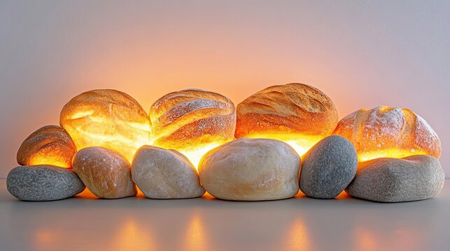 Artistic bread display designed to look like stones in a Zen garden, pastel lighting creating a calming atmosphere