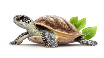 Obraz premium Sea turtle with green leaves on white background.