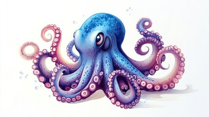 Obraz premium Adorable cartoon octopus with blue and purple tentacles on white background.