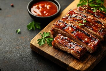 Delicious BBQ Ribs Grilled Meat Barbecue Sauce Wooden Board