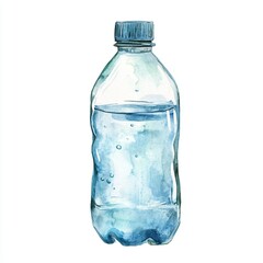 Brightly illustrated watercolor water bottle features clear water inside, captured with intricate details against a pure white backdrop, emphasizing its refreshing quality