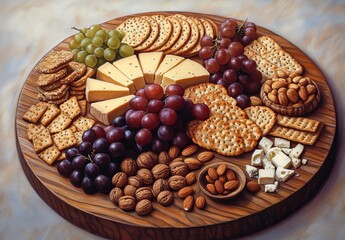 Obraz premium Wooden board with cheese, crackers, grapes, almonds, and walnuts.