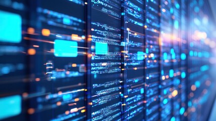 Naklejka premium Abstract Digital Data Stream: A mesmerizing visualization of flowing digital information, showcasing vibrant blue and orange hues, representing the dynamism and complexity of modern technology.