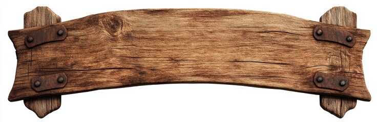 Rustic wooden signboard with metal accents, isolated on white background.