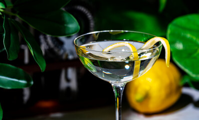 Dukes martini alcoholic cocktail drink with gin, dry vermouth and lemon peel. Marble table in lounge bar with green plants