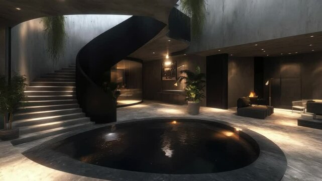 Serene atrium with curved staircase and reflected water