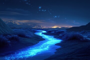 Naklejka premium Glowing River Winds Through Nighttime Mountain Landscape