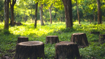 Fototapeta premium Four tree stumps in a sun-dappled forest clearing.