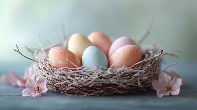 Dessert styled as a bird s nest with spun sugar and pasteltoned eggs, emphasizing nature s delicacy
