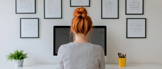 A woman with orange hair is seated at a desk, facing a computer, surrounded by framed artwork and a small plant.