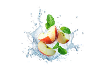 Fresh apple slices with mint leaves in water splash isolated on white or transparent PNG
