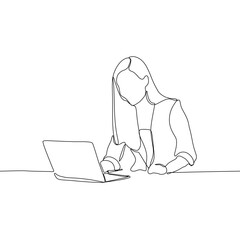 Continuous line drawing of professional young business woman using mobile laptop computer work isolated on white background. Vector illustration.