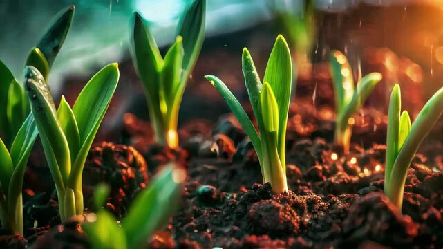 Bright green juicy young shoots grow from the soil