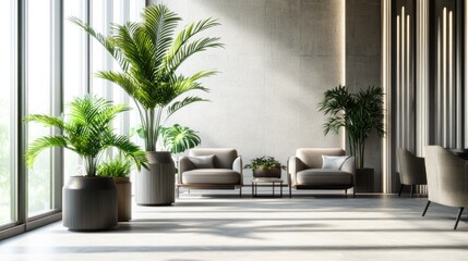 Serene Modern Lobby with Lush Greenery