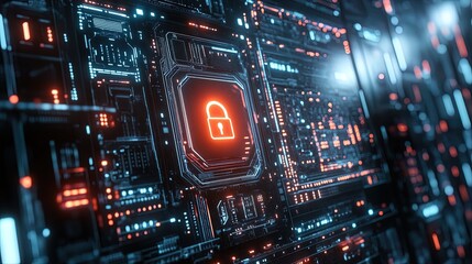 Obraz premium Digital cybersecurity concept with glowing lock symbols, advanced tech theme
