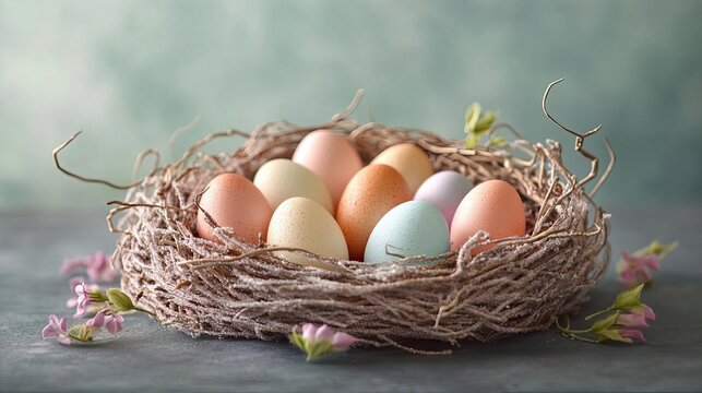Dessert styled as a bird s nest with spun sugar and pasteltoned eggs, emphasizing nature s delicacy