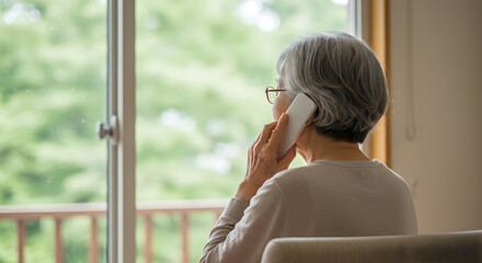 電話で話すシニア女性の後ろ姿｜Back view of senior woman talking on the phone.