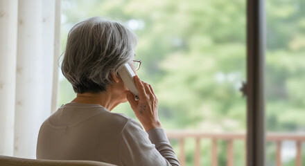 電話で話すシニア女性の後ろ姿｜Back view of senior woman talking on the phone.